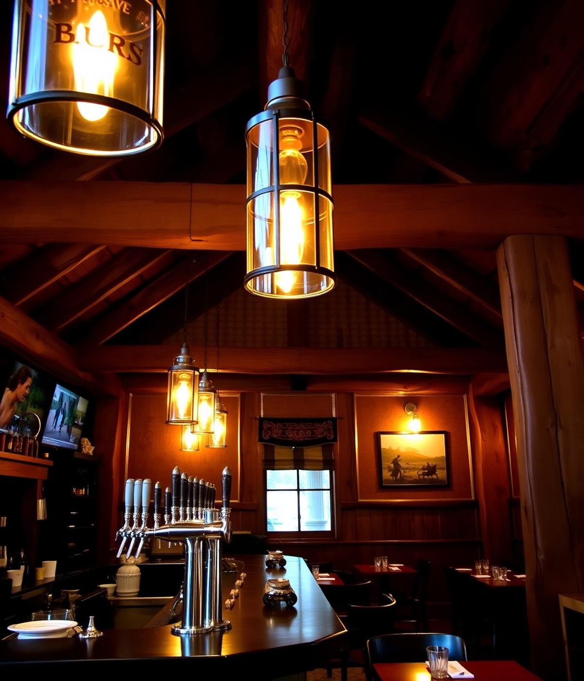 Interiér restaurace s dřevěnými trámy